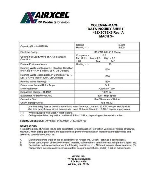 Air Conditioner (13500 BTU) *Ceiling Assembly NOT Included* - "Mach 3 Plus EZ"  **NOT RETURNABLE**
